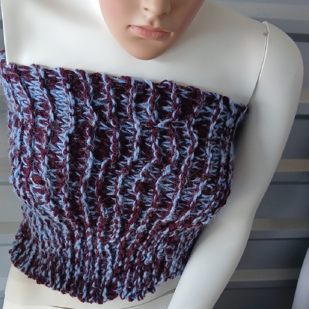 Handmade Knit Tube Top in Blue and Burgundy
